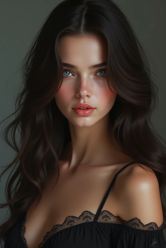 portrait belle brunette, haut du corp, épaules nues, portrait High résolution, realism, real human