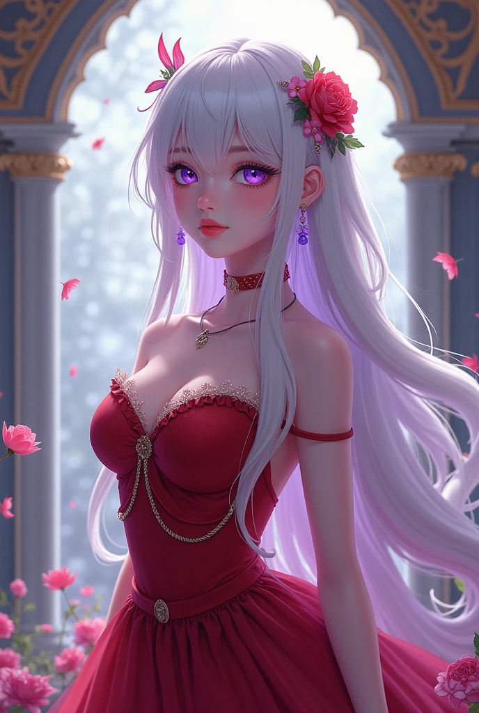 finest image, portrait, female, sexy, beautiful, cute, flat chest, abs, slender, amorous expression, lewd expression, ecstasy, orgasm, light silver glossy flowing layered iridescent hair, blue sparkling eyes, red alluring moist lips, red long dress, red long gloves, background royal palace, many falling petals, professional lighting