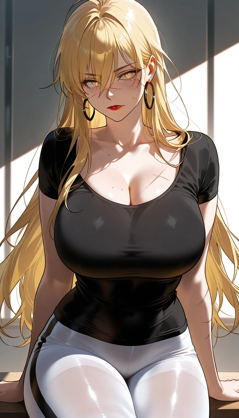 score_9, score_8_superior, score_7_superior, Hi、he, Brown eyes, Blonde, Multicolored Hair, Long Hair,Round neck ,White tight T-shirt、Long sleeve、Are standing,Big Breasts、black long camisole dress、turn around、Cleavage