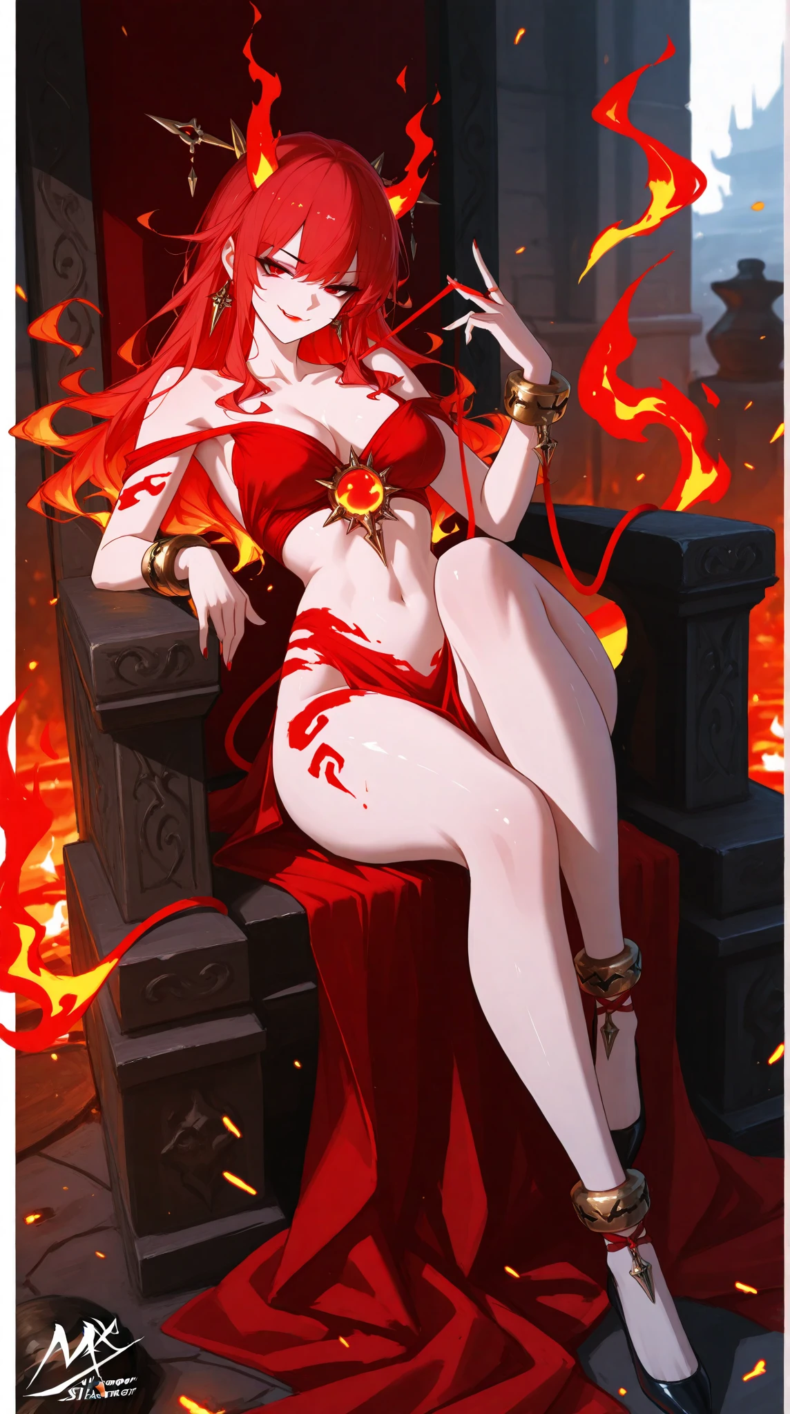 Male with red long detailed hair, shirtless, cosmic background, dragon black eyes, evil incarnation, holding planet in hand, handsome, wearing casual clothes, horns, red skin, (((from below))), laughing, bare feet