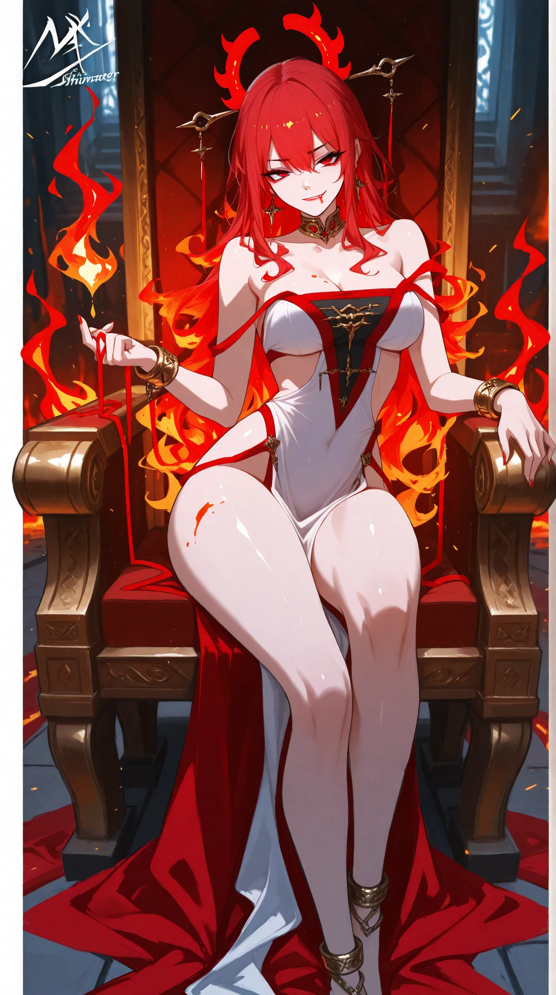 sitting straight symmetrical, sitting on grass, full body, solo girl looking to the camera, cow bell choker, metal sandals, , anime girl with red hair and red dress holding a bouquet, beautiful celestial mage, beautiful character painting, extremely detailed artgerm, beautiful and elegant human queen, wlop rossdraws, 8k high quality detailed art, fantasy art style, anime fantasy illustration, by Yang J, detailed fantasy art, fanart best artstation, wlop and rossdraws, big breast, red long hair, red dress
