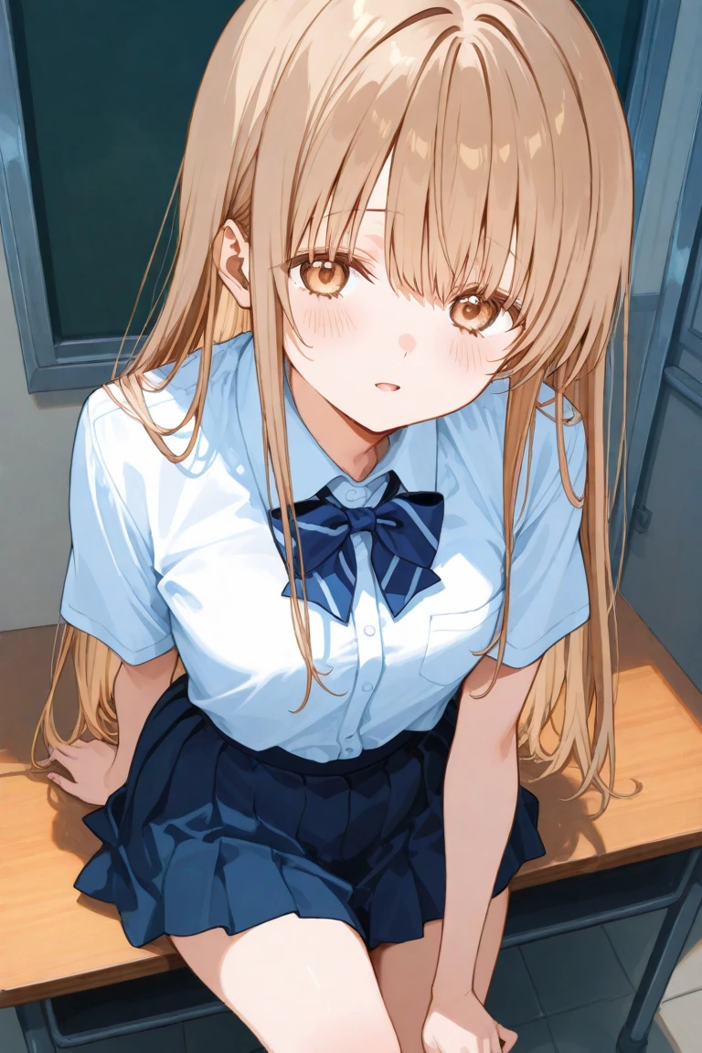 masterpiece:1.5, high quality, anzu futaba, , 1girl, black school uniform, black blazer, black mini skirt, brown cardigan, {{tareme:1.4}}, blush, parted lips, looking at viewer, skirt lift, lift by self, (((spread legs))), indoor, ((from below)), upper body, white lace panties, looking at viewer, pussy juice, flat chest, slim, small hip, (((slim legs))), skinny, slender