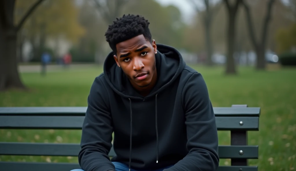 (( black male, 22 years old, handsome, strong built)) ((Wearing square design printed white sweater)) sitting on a bench in the park, looking around and reflecting on their life. The falling autumn leaves add to the contemplative mood.