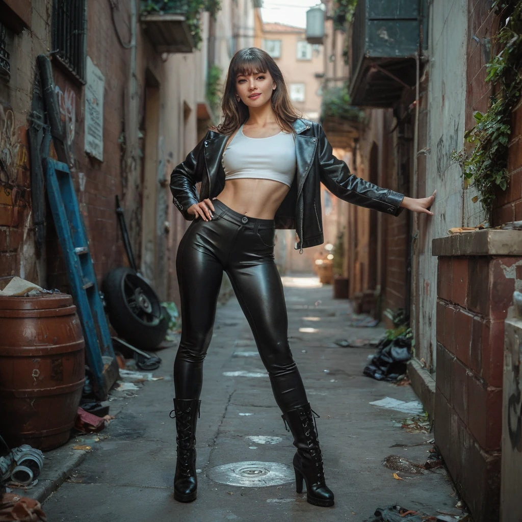 Inspired by the 007 movie，bond girl，Top quality, masterpiece, Ultra HD, (Reality: 1.4), RAW photos, Tense atmosphere，1 woman,Female Agent， ((Full body portrait)),Perfect body，Tight yoga clothes，Slim abdominal muscles，((Muscle lines))，Long legs，Leather Boots