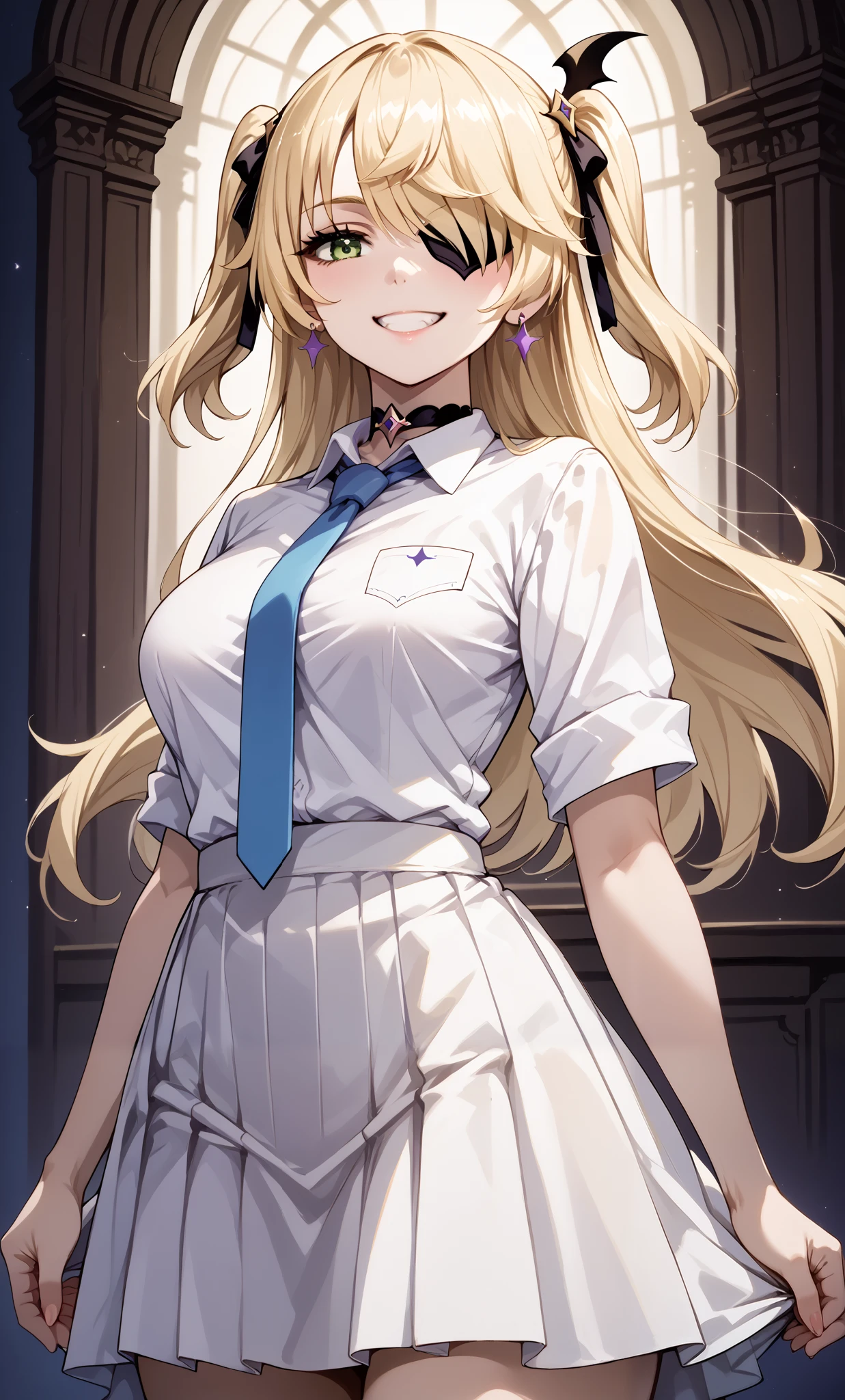 score_9, score_8_up, score_7_up, source_anime, 4K,perfect fingers,(perfect hands, perfect anatomy),prefect lighting, very aesthetic, intricate details,highly detailed background, masterpiece, high quality, best quality,
1girl,solo, fischl, fischl, long hair, bangs, ((blonde hair:1.5)), ribbon, green eyes, hair ribbon, hair over one eye, two side up, eyepatch, large breasts,,
wearing ((Black choker, Collared shirt, White shirt, Earrings, Blue tie, white skirt, )),,
Grin in, looking at viewer, Standing, A sagging breast, (Lower your hands forward:1.5),