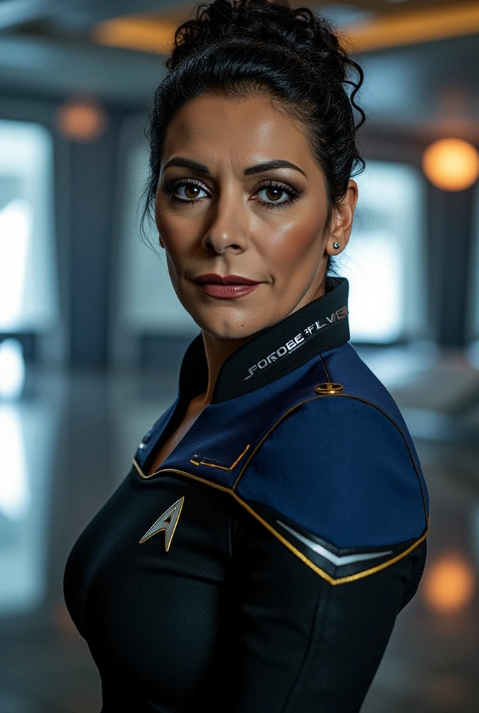 a realistic photograph of beautiful of beautiful(Wh1tn3y:1.1) woman as space captain,wearing blue (Star Trek NG uniform),standing on the command deck of (battle cruiser spacecraft:1.3),smiling,futuristic hairstyle,looking out into space at a nearby galaxy,posing,portrait,muscular,hourglass body,fashionable,detailed,deep photo,raw photo,film grain,professional photo,vintage instagram LUT,black pants,PA7_Portrait-MS,<lora:Wh1tn3y_01B-000002:0.9>,