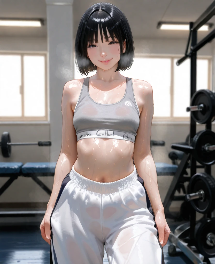 (best quality, masterpiece), 1woman, muscle, abs, intricate details, sport invertory, sport bra, sport pants, see-through, sitting, freckles, blush, bright hair, long dark hair, rain, wet, big breast, big boobs, action pose, smile