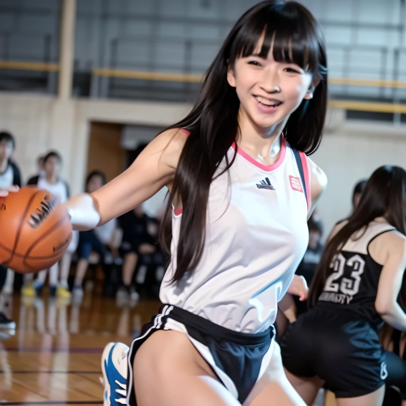photo realistic, 1girl, long hair, black hair, gym,(ponytail hair),(NUDE),basketball competition, fighting pose, light smile, Primary school students, 7yo、spread leg