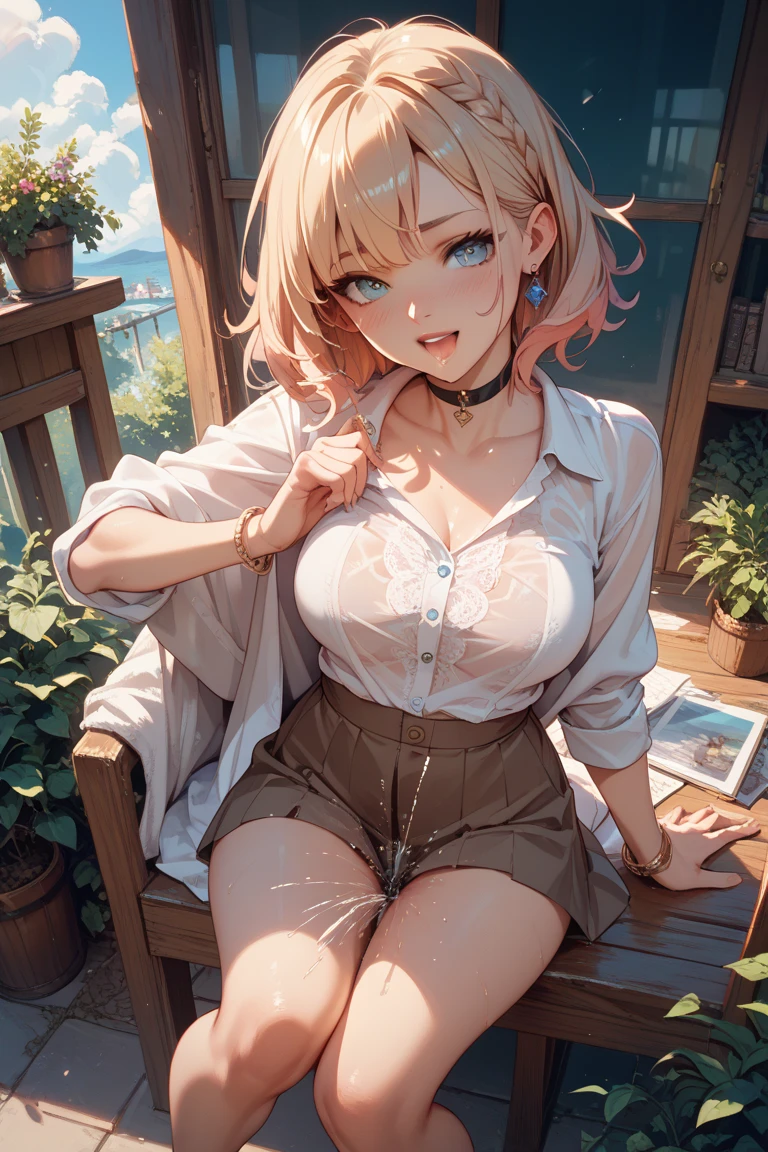 Character Focus、From above(school uniform:1.3), (Plain beige clothing around the waist:1.5), (West knot:1.3), (white collared-shirt:1.4), ((white collar, Unbutton, Short sleeve):1.2), (Red Plaid Pleated Skirt:1.3), ((necklace, Colorful Bracelets, ×Hair accessories):1.2),
Very detailed、(8k, RAW Photos, highest quality, masterpiece:1.2), (extremely detailed 8k wallpaper),shape、Professional Lighting,Sharp focus, Written boundary depth、
Browsing Caution、Clear Eyes、Perfect Anatomy、With a girl、15-year-old student、Black Gal(Dark Skin:1.2)、(Oily skin,Glowing Skin,Shiny skin,Sweat:1.2),smile、Plump thighs、Huge 、Fully exposed、Big Breasts,(gap between buttons:1.4)、Lift up your skirt、blue eyes、blonde、(Compensate:1.1)、(Black High Socks 1.6)、:1.6、Brown Loafers、sitting、((open legs:1.5)),On the street、Pastel colored pantiesが見えている、((Pastel colored panties))、((Shiny panties))、((Normal position:1.4))、(((Squatting pose))),((I was made to sit with my legs open...))、cowgirl position, squatting, spread legs、, blazer,