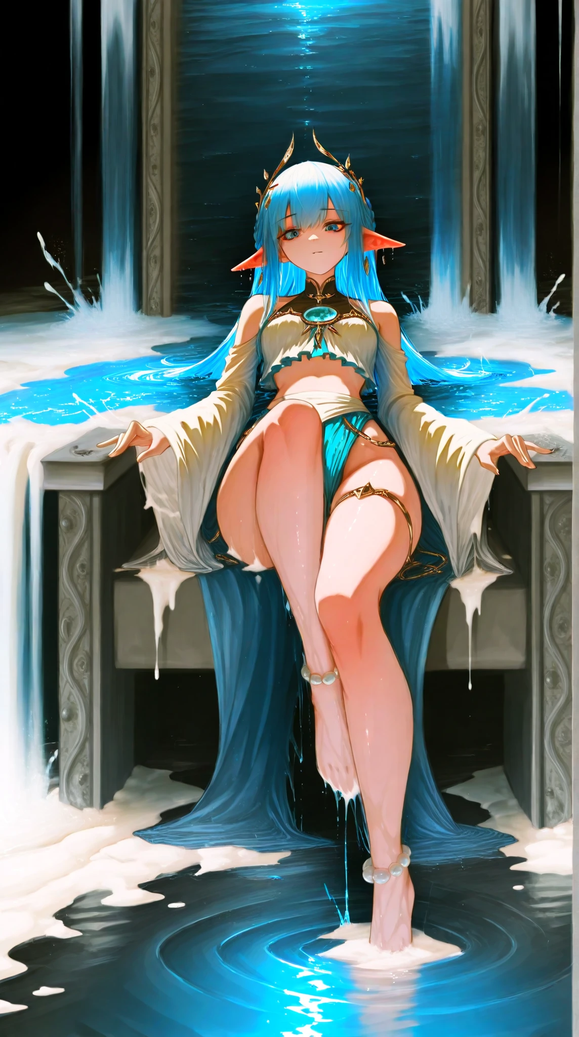 Emma watson as good elf girl with turquoise ponytailed hair, and white deer horns, yellow glowing eyes, and tattos in Face, dressed like an druid, high quality, masterpiece, high detailed,upskirtwetpantieshow, show her wet pantie, spreading legs, blushed face, ahegao,