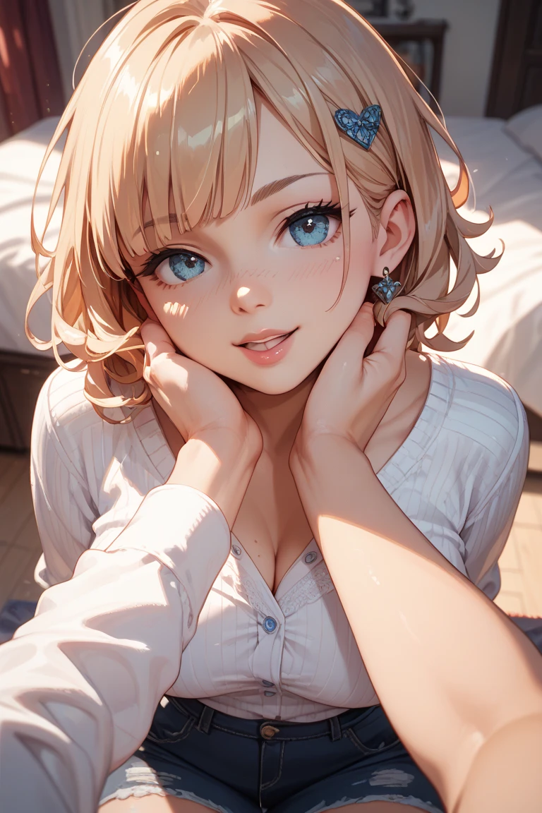 detailed illustration, Bottom-up angle, bust,Extremely detailed, illustration, 1 person, blue eyes, Delicate eyes, Short Blonde,25 years old man, Light pink shirt, Sit on the bedroom bed, Gentle smile