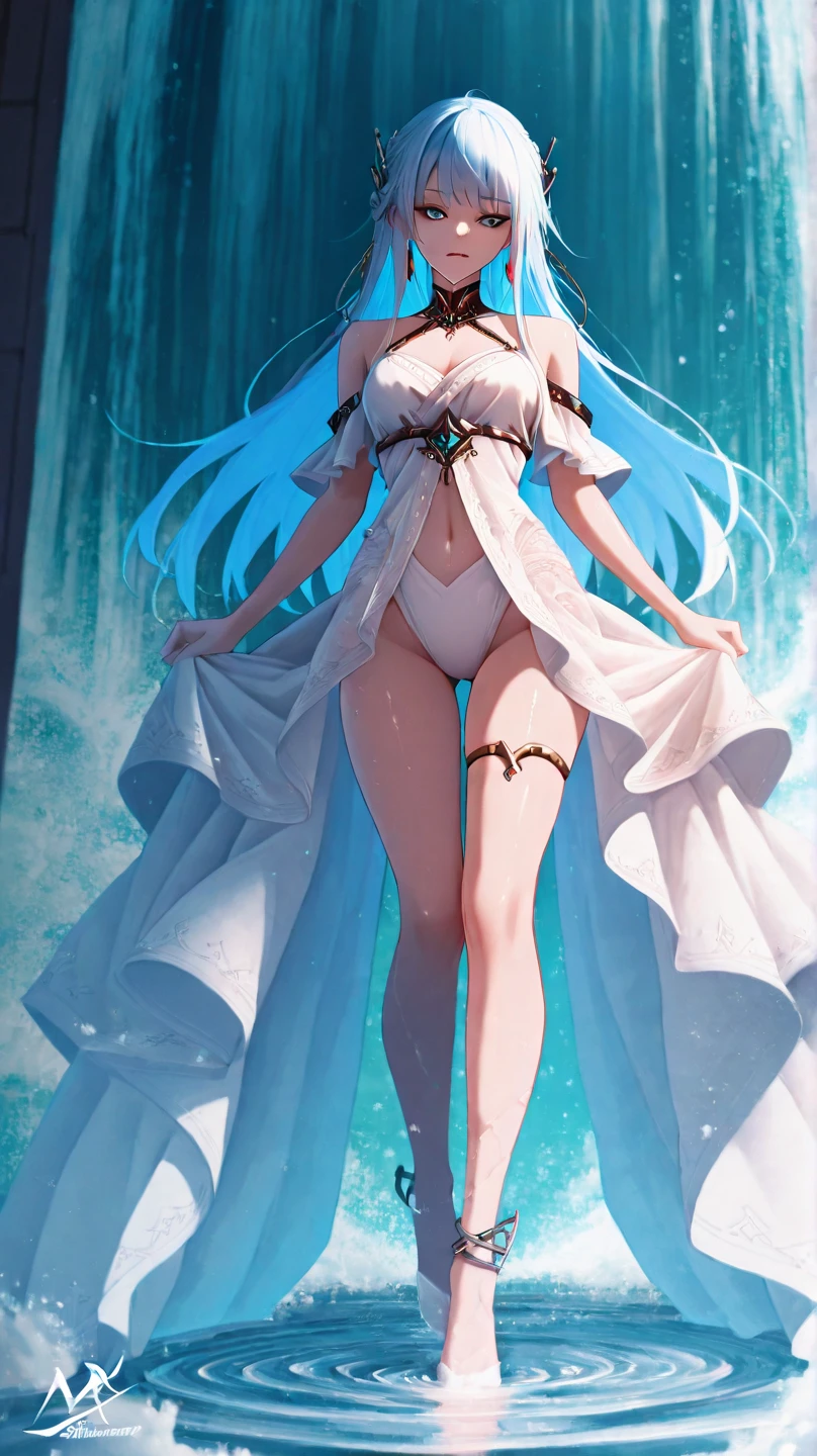 water nymph, silver jewlery, droplet dangles, lingerie, hourglass figure, fountain, water droplets and splashes, elf ears, blue eyes, pale skin, pale blue, best anatomy, HD 8k Wallpaper quality, best quality, sfw, see-through cloth, wet
