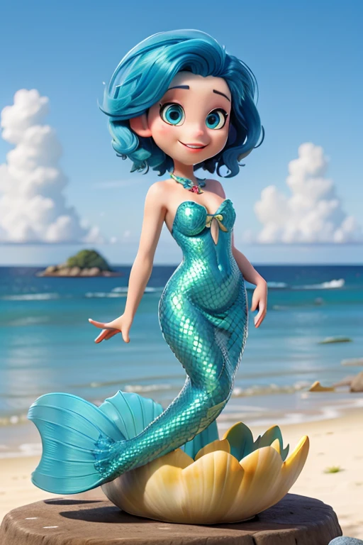 Uma menina de cabelos castanhos lisos, olhando de frente, olhos castanhos, With a mermaid body on a beach waving in the shape of hello