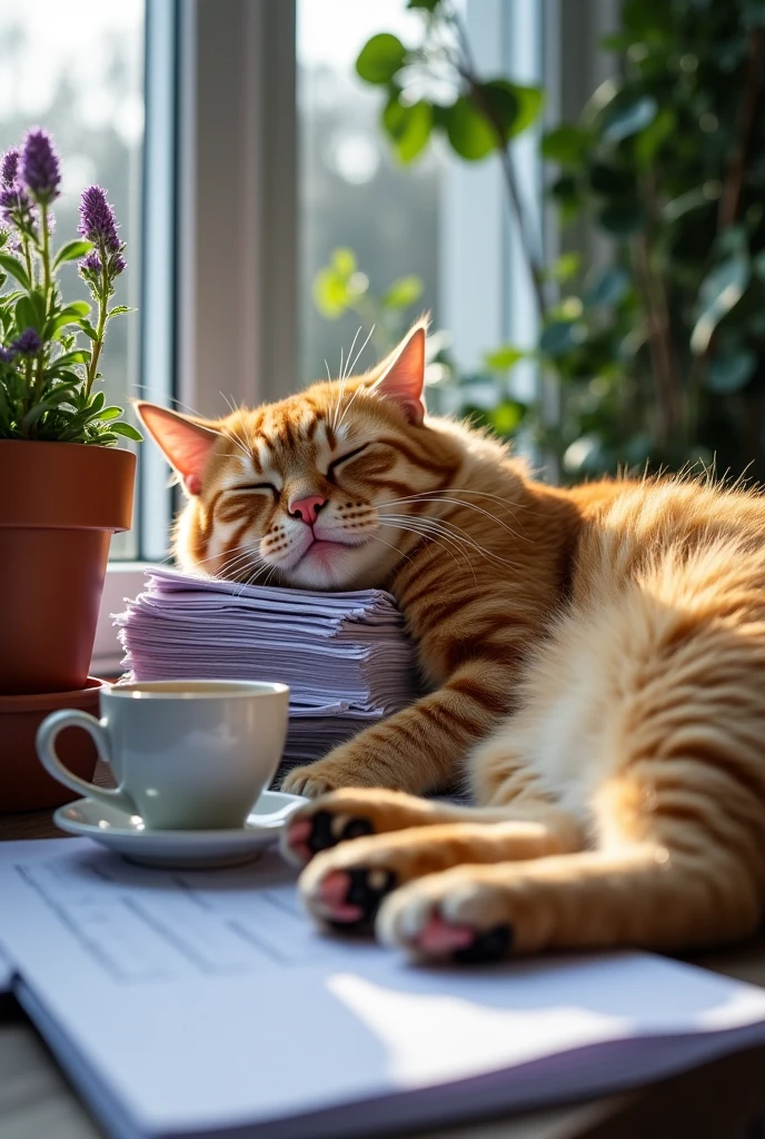  Image cartoon. Un gros chat roux à lunettes allongé sur le bureau dans une grosse entreprise sur une énorme pile de papier. Il est endormi et très souriant. Il est habillé en costume d'employé de bureau et porte un stylo plume dans la patte. Devant lui se trouve un écran d'ordinateur et un mug de café. Il profite du soleil matinal pour sa sieste. 