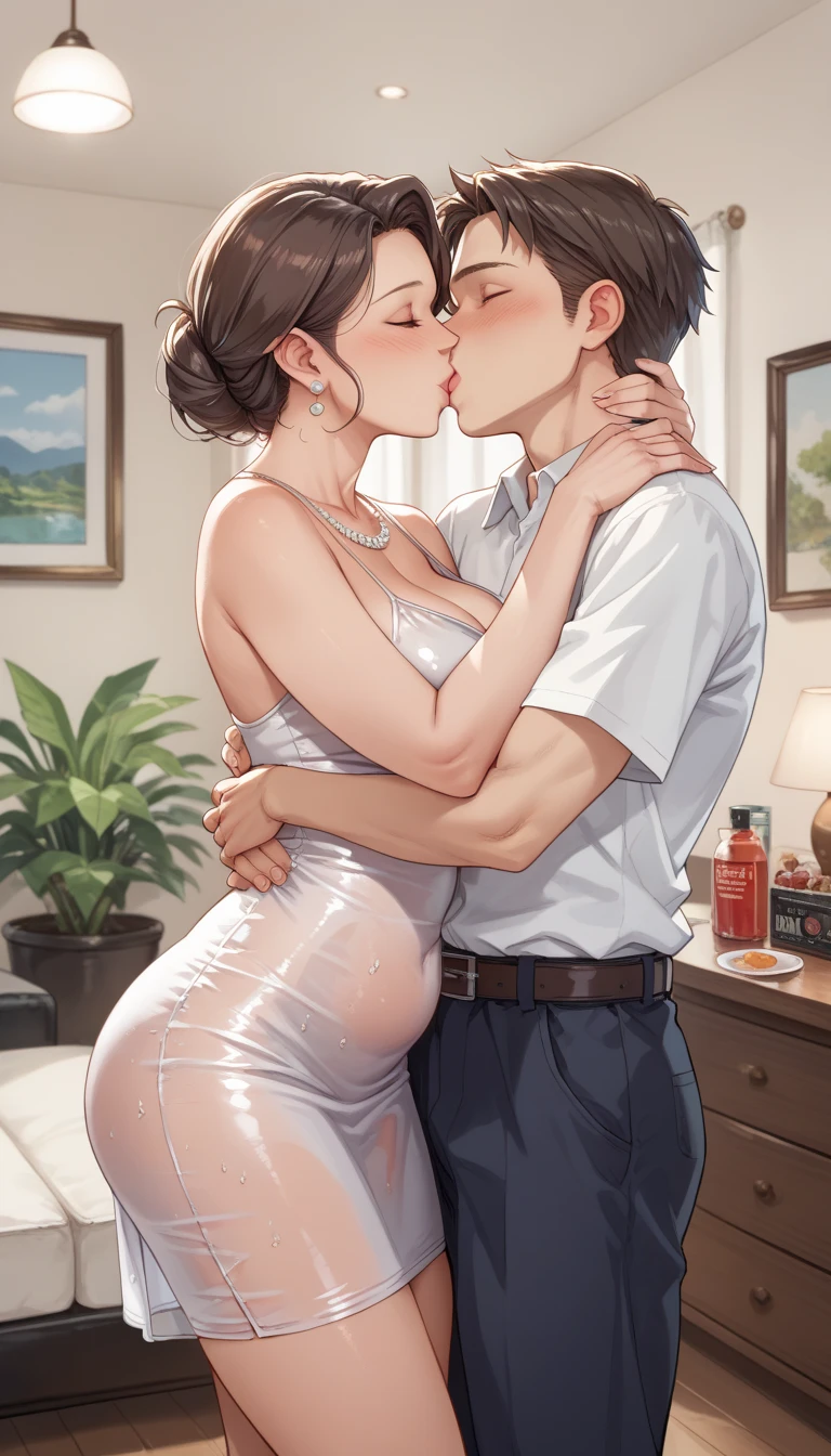 score_9, score_8_up, score_7_up, source_anime, 1boy, 1girl, mature female , mother and son, kid, hug, kiss, hand on head, kneeling, sexy, erotis
