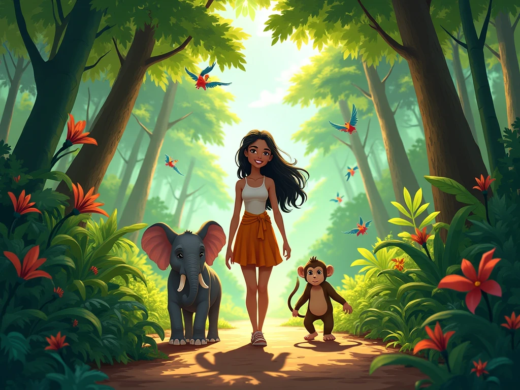 **Image Description:**
- **Scenario:** A space with many trees, A tropical forest.
- **naughty man:** En el centro de la imagen, an indigenous person standing, observing the nature around you.
- **natural elements:** Ao redor do homem, various trees, wild animals, birds and monkeys, that symbolize biodiversity.
- **Man's action:** The man holds a plant in his hands, symbolizing planting and conservation.
- **symbolism:** Ao fundo, there may be city, representing sustainability.
- **colors:** Tons de verde, blue and brown, symbolizing nature and harmony