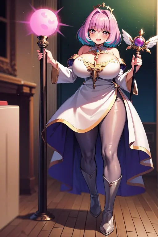 (best quality,masterpiece:1.2),intricate details,beautiful detailed eyes,beautiful detailed lips,extremely detailed eyes and face,longeyelashes,riamu, modeseven,super curvy,comic style,vibrant colors,standing,innocent, full body, standing, smile, princess dress, noble clothing, holy angel magicalgirl, open mouth fang, holy haura, halo, smile, joyfull, paladin, staff holding, full body , boots, standing,cute,breast, curvy, female,fantasy goddess,there is a cartoon picture of a woman with a very large breast, glowing angelic being, glowing holy aura, inspired by Luma Rouge, the non-binary deity of spring, ethereal rainbow nimbus, the butterfly goddess of fire, inspired by Marie Angel, glowing aura around her, astral fairy, as the goddess of the sun, “uwu the prismatic person, big breast, happy, beautiful eyes, , full body, walking, long robe, long dress, ,priestess ,holy, smile, pants