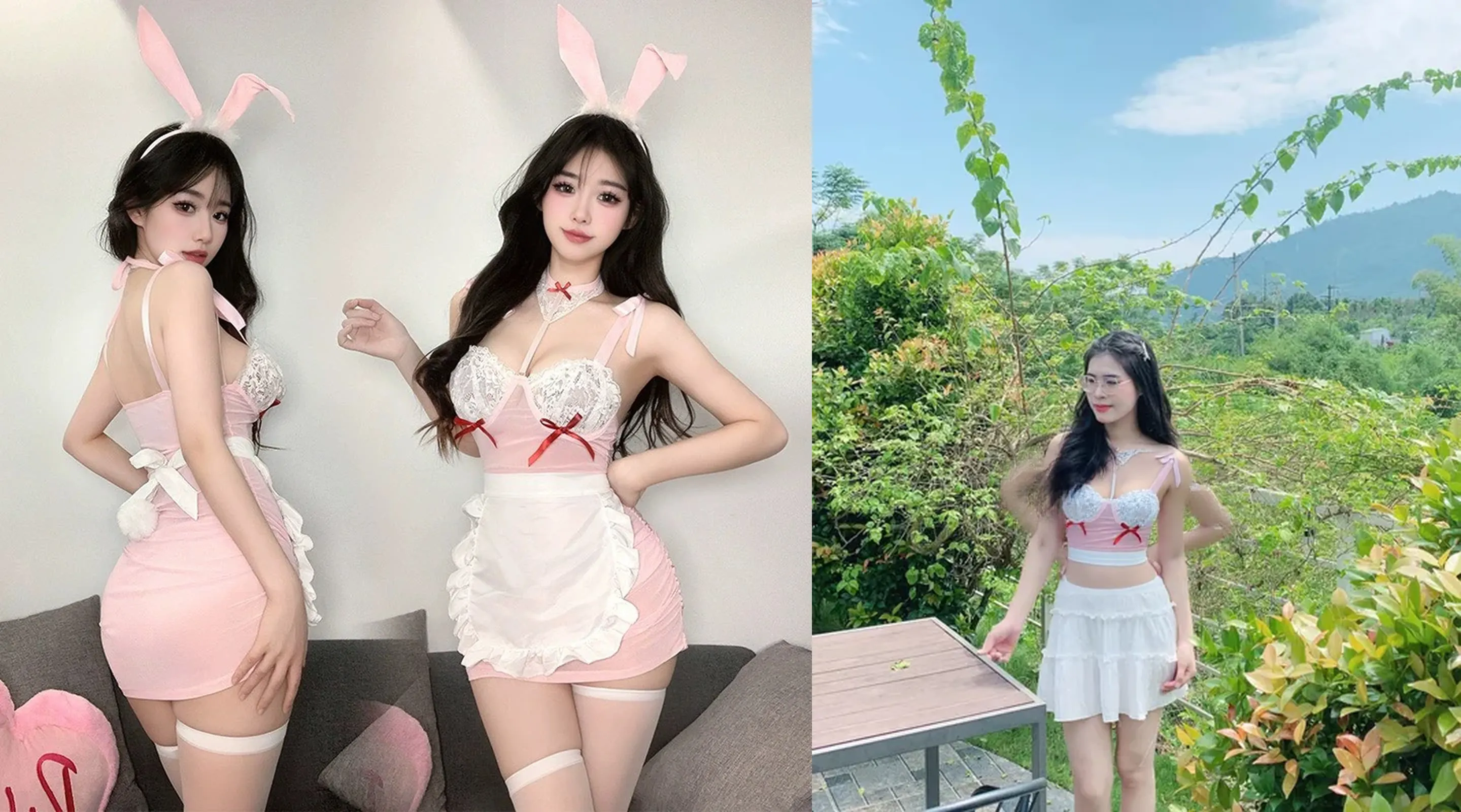 Polaroid film, masterpiece, best quality, 3 beautiful girls, bunny girl, soft pink background, stylish ulzzang style.