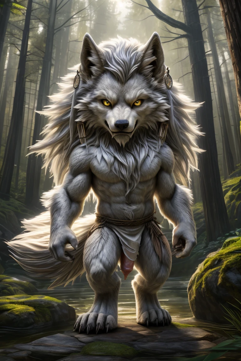 ultra-detailed, masterpiece, masterwork, high quality, best quality, hdr, japanese style, nature, (nsfw), (solo), male, werewolf, chibi, (gray little body werewolf), (white body), (bulge fundoshi), (long silver hair), (yellow eyes), cool pose, dynamic angle, earrings, wolf foots,