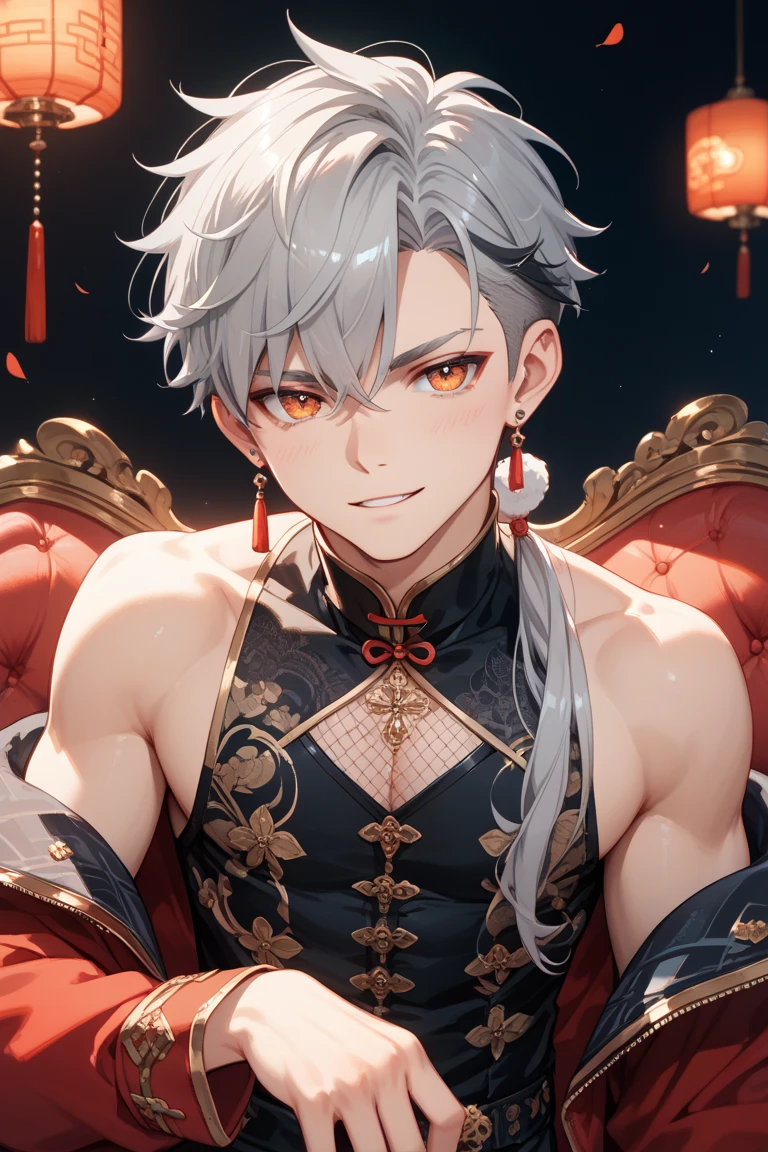 Young guy, short white hair, Cat's ears, red-eyes, The Clothes of the Idol, open torso, Tatoo, smirk, Masterpiece, hiquality