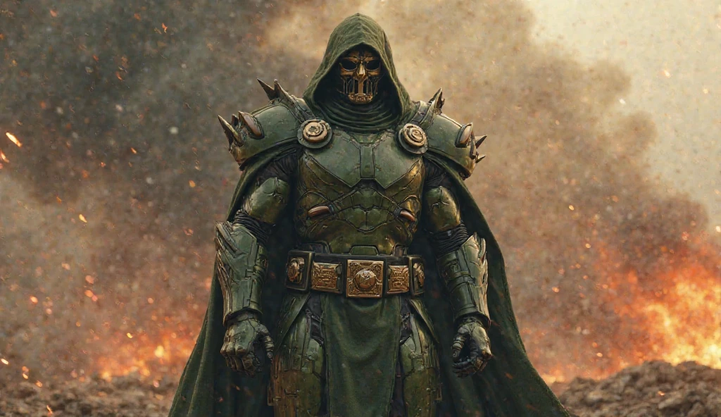 photorealism, hyperrealism, cinematic, A stunning street style portrait of a rugged post-apocalyptic, of Victor Von Doom as Doctor Doom, braving the elements.using your mask. Dressed in traditional costume with military camouflage details with a worn texture, he stands against a desolate urban backdrop. Rain falls, creating a cinematic atmosphere as the drops hit the surface of the coat. Intricate details such as patched repairs and buckled straps accentuate the character's resilience and resourcefulness. The scene is captured in a high-contrast, emphasizing the interplay of light and shadows.