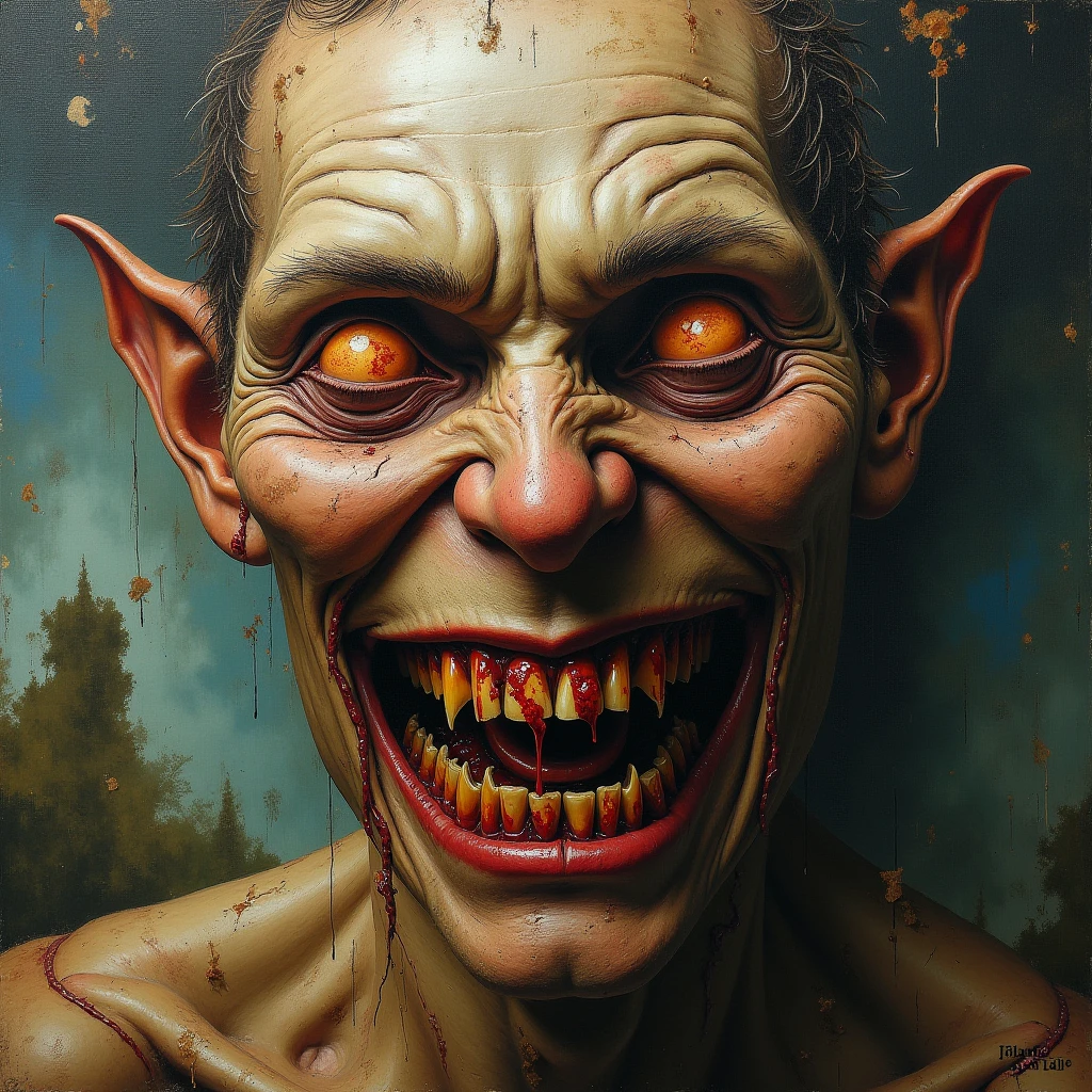 create an image in an 1800's painting style, the image is of a demonic yet holy figure, who is still noticeably related to Scooby Doo, yet also warped and disfigured, in the centre of the photo with his back facing the viewer but his head twisted around looking at the viewer, with large dilated eyes and a hideous smiling expression, wide-open mouth with scary sharp teeth and hands that resemble daggers, visible brush strokes, scary, pale skin, frazzled hair, in the style of george luks, wlop, serge marshennikov, Francisco Goya, Saturn Devouring His Son painting, large-scale brushstrokes, detailed, realistic, 8k uhd, high quality