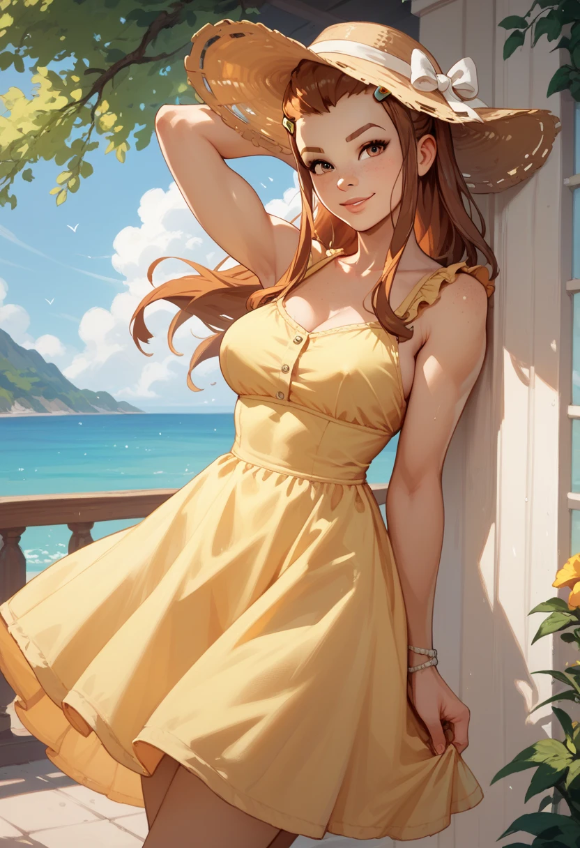 masterpiece, best quality, beautiful woman, beautiful smile, on a windy day, she lifts her pleated patterned yellow dress up high, baring her legs and showing her panties, bare-chested, big eyes