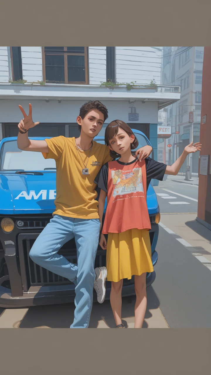 masterpiece、top-quality、8k, ultra-details、(cute character couple with big brown eyes)、a boy and a girl、boy took girl's hand、boy wears white shirt and denim jacket, girl drinking in a plastic cup, Matching jeans, matching sneakers, Smiling and looking at viewer、Full-body standing figure、The background is a beatiful night market