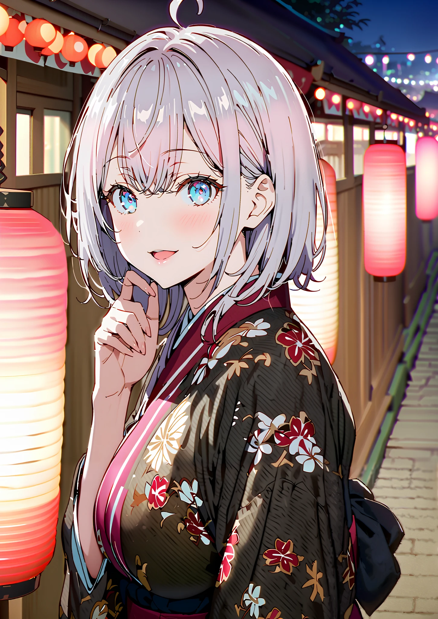Alisa Mikhailovna Kujo, bungs, blue eyes, stupid hair, Gray Hair, side lock,bun hair,Nape,Big Breasts,Flower Hair Ornaments,White flower pattern kimono,smile,cover,opens her mouth,standing,Light up fireworks,Red Lanterns,Japanese stalls ,night,full bodyがイラストに入るように,break outdoors, Japanese festival,
break looking at viewer,full body,,
break (masterpiece:1.2),top quality , kampala,unity 8k 壁紙,(shape:0.8),( fine and beautiful eyes :1.6),It's a person ,full body写真,CG Details , (perfect hands,complete anatomy),