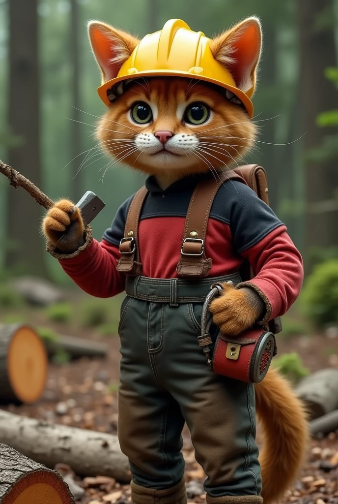 un chat anthropomorphe avec un pantalon usé, une chemise rouge et noir à carreau, un casque de chantier jaune, utilise une tronçonneuse pour couper du bois, un décors de foret en arrière plan, prise de vu réaliste, haute qualité photo