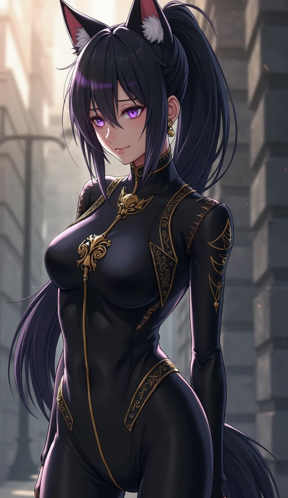 1 girl,Youthful white straight hair, Dark complexion, latin heritage, Purple iris, Wearing black tactical uniform with gold trim, Sport snake earrings, Beautiful and delicate eyes, Detailed face, Sophisticated punk rock clothing, Cinema lighting, Strong backlight, Realist conceptual art.