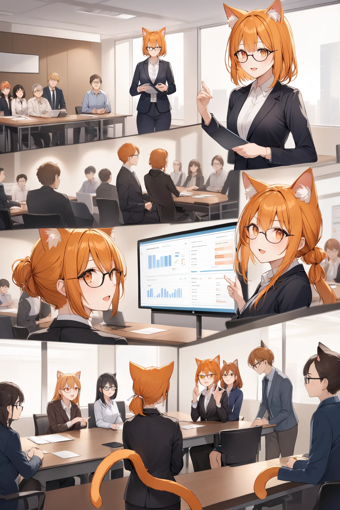 orange hair, orange eyes, catgirl, cat ears, cat tail, wears glasses, business casual outfit, stands in front, gives a presentation with company data, stands in a meeting room with a big table where people are sitting