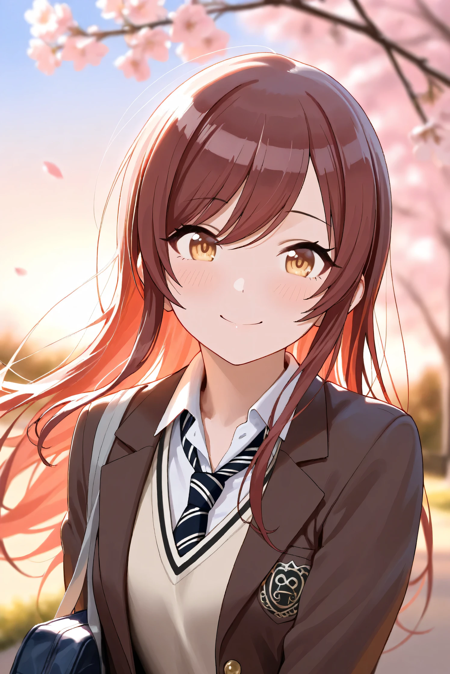 (Masterpiece), (Highest quality), (Very detailed), 
(The best shape), (Best Shadow), (Absurd), 
(Detailed background), (So beautiful), Shiny , 
Extraordinary, Countershading, 8k, 32K, High resolution, Beautiful eyes in every detail,
Very Detailed CG, UHD,

Score_9, Score_8_up, Score_7_up, Source_anime, 
(Pastel painting:1.2), (Watercolor painting:1.2),
(Masterpiece, Detailed:1.2), (Foreshortening:1.2),

Cinematic, Dramatic, (Depth of field:1.4),
(Blurry background:1.4), (Realistic background:1.4),
Dynamic angle, 1 girl, (backlight:1.2),
Outdoor, Spring, (Cherry blossoms:0.8), (Evening:1.2),
Wind, Nature,

Osaki Amana,
the idolmaster shiny colors,
amanaosaki,
red hair, brown hair, yellow eyes,

(School uniform:1.3),
Blazer, Brown blazer,
Sweater, Khaki sweater,
formal shirt, White collar shirt, tie, black tie,
School bag,

Portrait, Focus on face, 
(Blush:1.3), Smile, Happy, Joyful,
Realistic skin, Shiny skin,