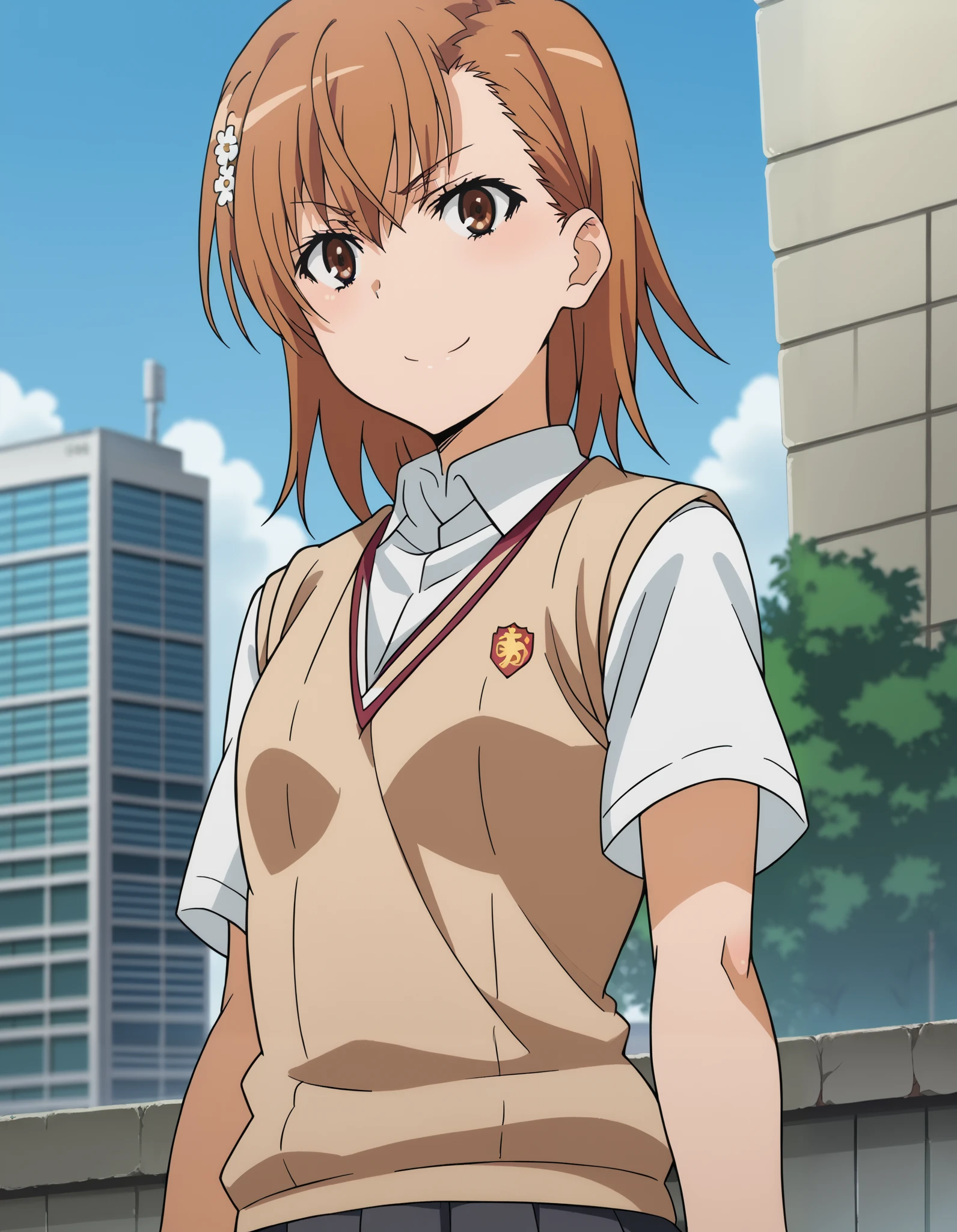score_9, score_8_up, score_7_up, source_anime,
Mikoto and Misaka, Misaka Mikoto , short hair, brown hair, hair ornament, hair flower, brown eyes,
skirt, shirt, school uniform, white shirt, Short sleeve, pleated skirt, grey skirt, sweater vest, tokiwadai school uniform,
outdoor, cityscape of Shumigaoka, smile, and bend your hips,
viewers, cowboy shooting, Dutch angle,