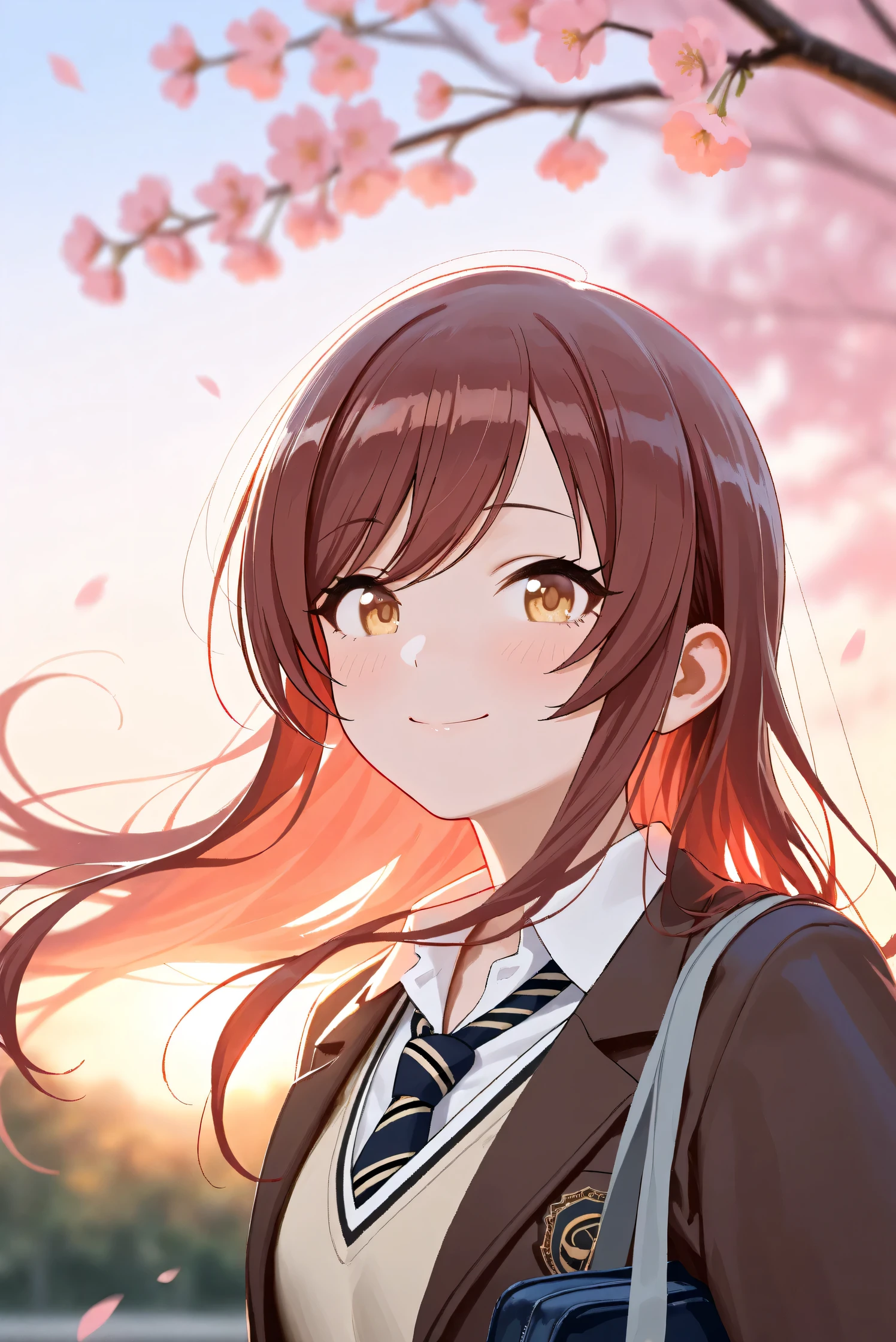 (Masterpiece), (Highest quality), (Very detailed), 
(The best shape), (Best Shadow), (Absurd), 
(Detailed background), (So beautiful), Shiny , 
Extraordinary, Countershading, 8k, 32K, High resolution, Beautiful eyes in every detail,
Very Detailed CG, UHD,

Score_9, Score_8_up, Score_7_up, Source_anime, 
(Pastel painting:1.2), (Watercolor painting:1.2),
(Masterpiece, Detailed:1.2), (Foreshortening:1.2),

Cinematic, Dramatic, (Depth of field:1.4),
(Blurry background:1.4), (Realistic background:1.4),
Dynamic angle, 1 girl, (backlight:1.2),
Outdoor, Spring, (Cherry blossoms:0.8), (Evening:1.2),
Wind, Nature,

Osaki Amana,
the idolmaster shiny colors,
amanaosaki,
red hair, brown hair, yellow eyes,

(School uniform:1.3),
Blazer, Brown blazer,
Sweater, Khaki sweater,
formal shirt, White collar shirt, tie, black tie,
School bag,

Portrait, Focus on face, 
(Blush:1.3), Smile, Happy, Joyful,
Realistic skin, Shiny skin,