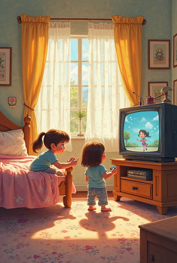 ung girl and 1 yoboy watching television, old style, slightly fighting
