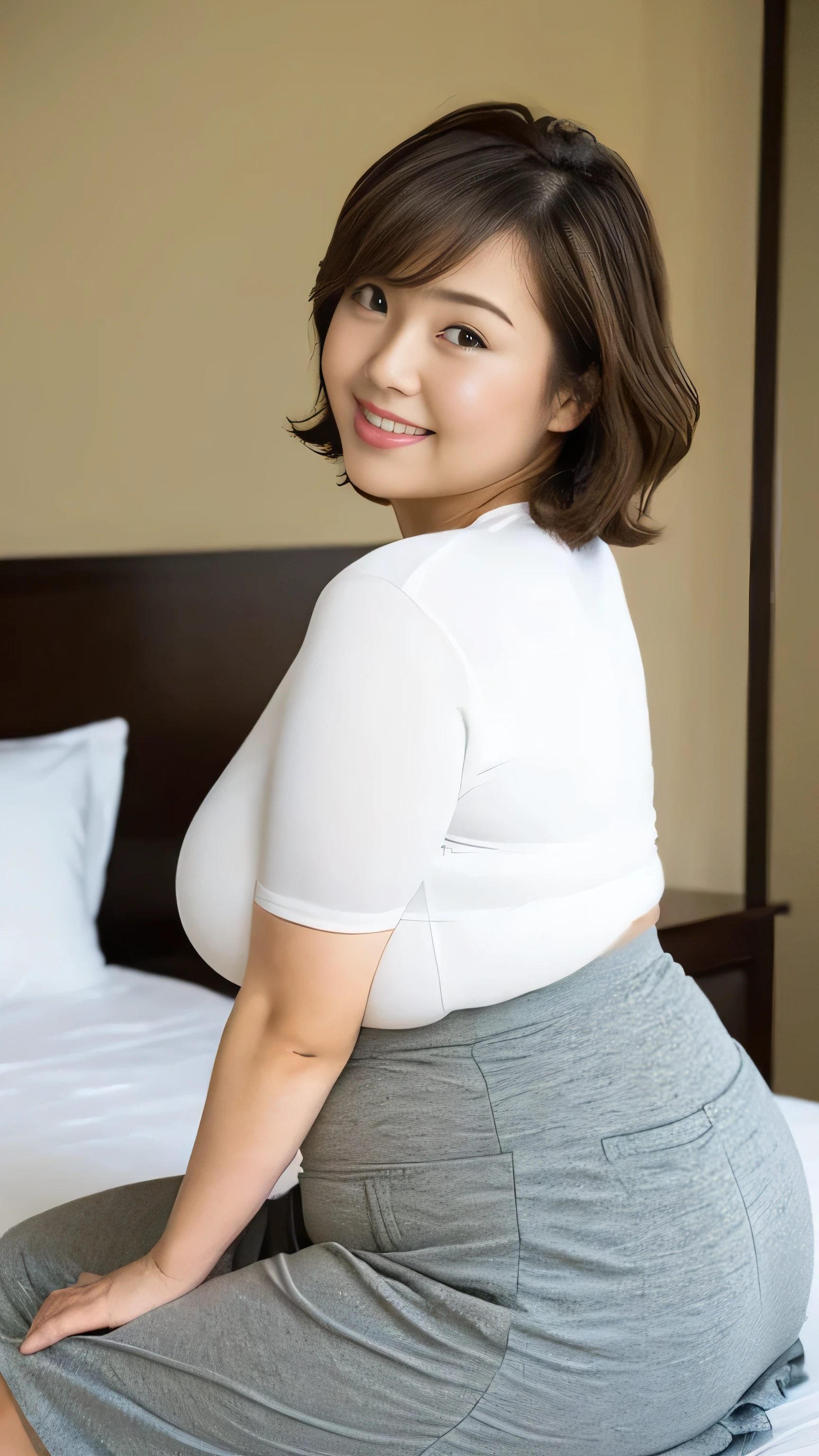 ((pwarmograph))、((real pwarmo)), (masterpiece, best quality),warm ((, a mature woman)),I'm sitting on the bed in the bedroom, wide hips, big breasts,ë¶ë¥ ë°ë¥¸ ë°ë¥¸, (Man with smooth back hair), Long skirt , smile, Face-to-face audience, white sticky t-shirt、 cupboard, stove, window, japan、((Chubby 1.1))、(((plump , a mature woman1.3)))、((big breasts1.1))、 chubby girl , Put your hands together and place them between your thighs 、 short hair style、Bust-tight clothes