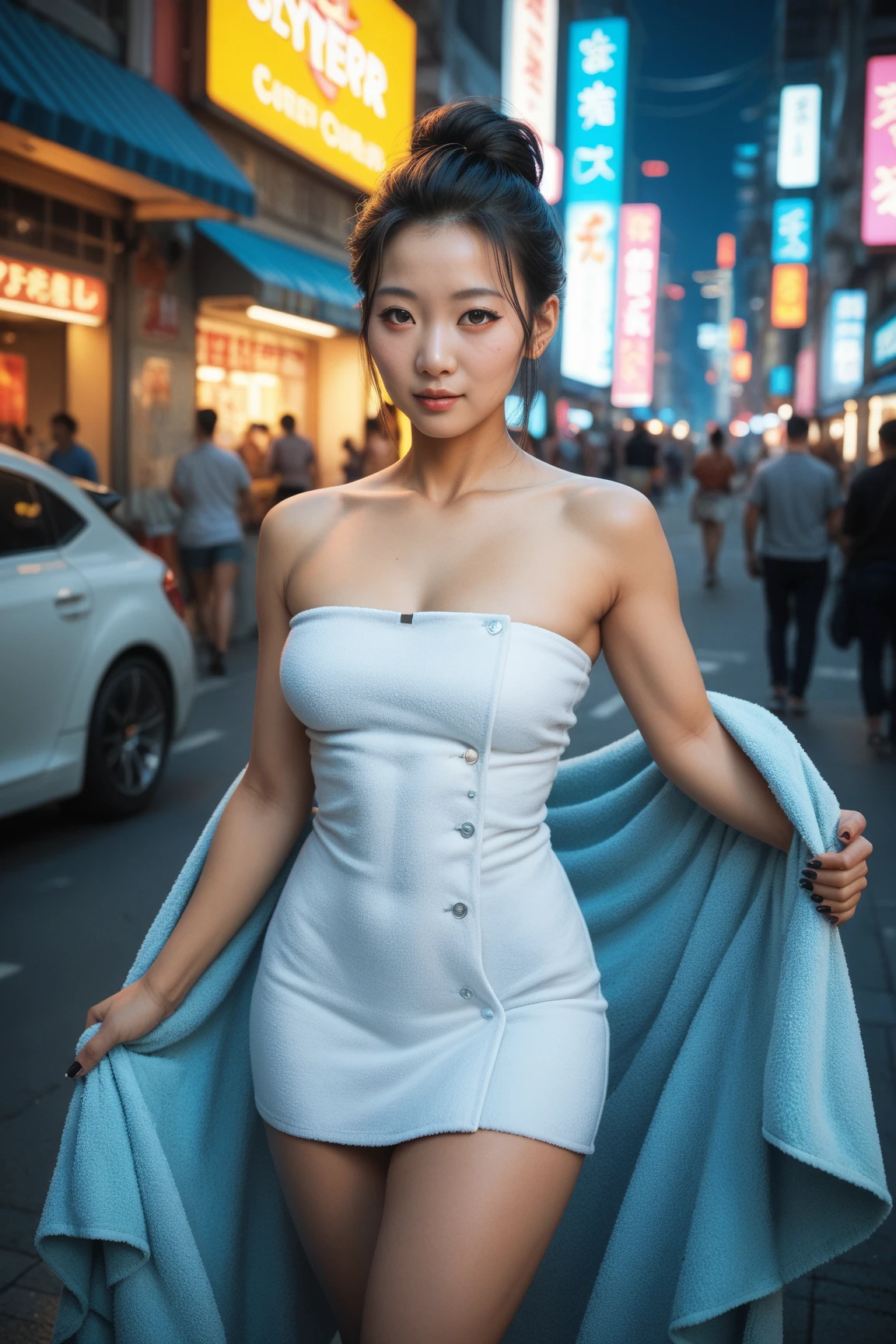 sfw:2,Asian woman on crowded cyberpunk neon street wearing towel