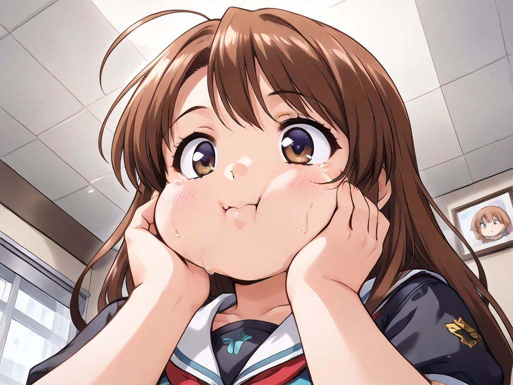((masterpiece, best quality)),high resolution,ultra detailed,8k,16k,detailed background, perfect lighting,detailed beautiful eyes,1girl,nsfw,embarrassed,blush,look at viewer,steam,sweat,aroused,seductive eye,(from above,from front:1.4),(pov:1.4),face focus,fisheye lens,1boy,1penis,(oralsex),(deep fellatio:1.4),(deepthroat:1.3),:>=,(penis in mouth),hetero,(slender,kawaii,tiny),(shirai_kuroko,brown eyes,kawaii,brown hair,twintail,flat chest,highlight in eyes),future city,white shirt