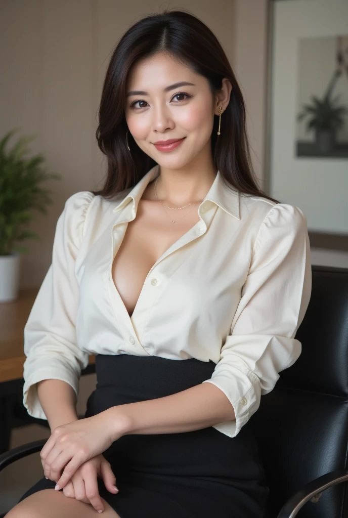1girl, (looking at viewer),  (bokeh:1.1), closed mouth,light smile, realistic, sitting_on_chair, uniform,
pants, skyline,
realistic, llfKelly Chen