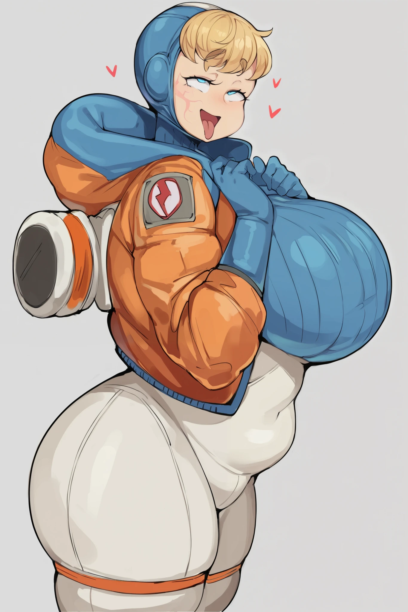 wattson (apex legends), masterpiece, best quality, 1girl, solo, hooded bodysuit, bodysuit, white bodysuit, hood, scar, jacket, scar on face, scar on cheek, orange jacket, bangs, gloves, blonde hair, blue eyes, knee pads, hooded jacket, blue gloves, ribbed bodysuit, blue bodysuit, thigh strap, burn scar, looking at viewer, cable, open hands, standing , blue headwear, smile, cowboy shot, ((big breasts, very big breasts, embaresed face, blushing, tight clothes, squeezing her own breasts, squeezing breasts))