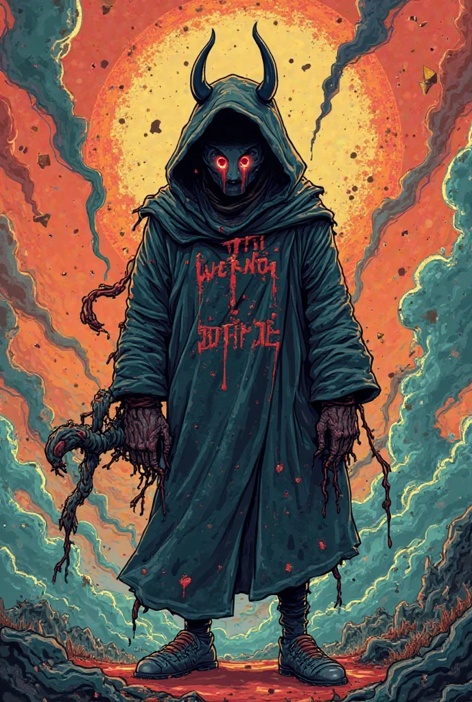 pixel art style, totally black background, red hooded trench coat, deep red trench coat, blood red, faceless, pentagram pendant, holding a skull in hands, front view, flat background