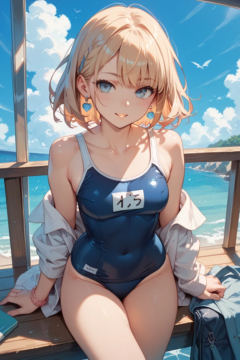 (Unity 16K Wallpaper, Masterpiece, Best Quality, Ultra-Detailed, Extremely Detailed CG, Caustics, Cinematic Lighting, Detailed, Beautiful Detailed Eyes, solo, vivid image quality, brighten the subject, beach),Ultra High Resolution, fine skin、sexy, (curby), nsfw,(school swimsuit:1.3), small breasts, smile, cowboyshot,cardigan