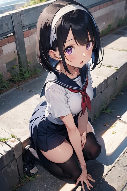 (8K、Raw photography、top-quality、masterpiece:1.2)、(realisitic、Photorealsitic:1.37)、ultra-detailliert、超A high resolution、see the beholder、beautifull detailed face、Shy laughter、Constriction、(Slim waist:1.3)、(Blue eyeodiesian with big and beautiful breasts body portrait、Super delicate and cute girl with black hair、length hair、High school students、18year old、Dark hair、White sailor suit、Black pleated skirt、White Bobby Socks、)blue on the chest、Beautiful detailed skin、Skin Texture、shinny skin,floated hair、profetional lighting、girl with、Solo、1 persons、summer clothing、with blush cheeks、