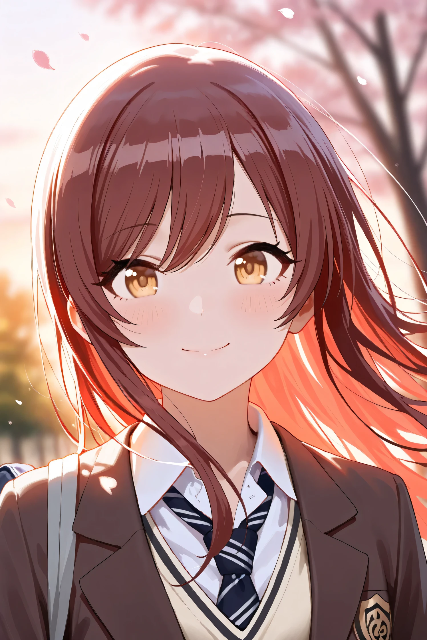 (Masterpiece), (Highest quality), (Very detailed),
(The best shape), (Best Shadow), (Absurd),
(Detailed background), (So beautiful), Shiny ,
Extraordinary, Countershading, 8k, 32K, High resolution, Beautiful eyes in every detail,
Very Detailed CG, UHD,
Score_9, Score_8_up, Score_7_up, Source_anime,
(Pastel painting:1.2), (Watercolor painting:1.2),
(Masterpiece, Detailed:1.2), (Foreshortening:1.2),
Cinematic, Dramatic, (Depth of field:1.4),
(Blurry background:1.4), (Realistic background:1.4),
Dynamic angle, 1 girl, (backlight:1.2),
Outdoor, Spring, (Cherry blossoms:0.8), (Evening:1.2),
Wind, Nature,
Osaki Amana,
the idolmaster shiny colors,
amanaosaki,
red hair, brown hair, yellow eyes,
(School uniform:1.3),
Blazer, Brown blazer,
Sweater, Khaki sweater,
formal shirt, White collar shirt, tie, black tie,
School bag,
Portrait, Focus on face,
(Blush:1.3), Smile, Happy, Joyful, (Open mouth:0.7),
Realistic skin, Shiny skin,
