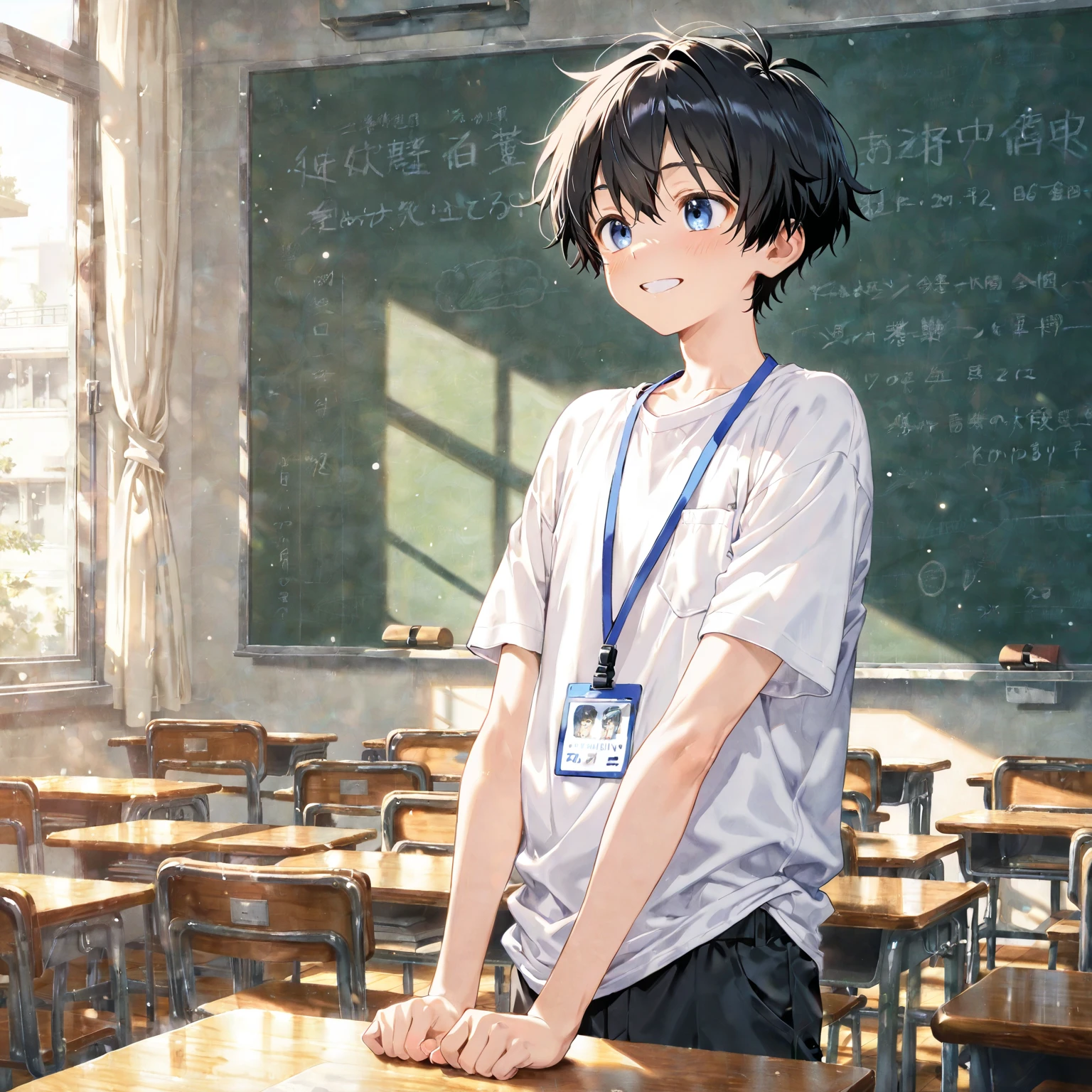A 15-year-old junior high school boy stands in a classroom,Shota,Round face and round chin,Slightly hunched,White top,Messy bangs,Laugh awkwardly,Eyes widen,sideface,athletic sneakers。and the sun was shining brightly,Classroom,quadratic element