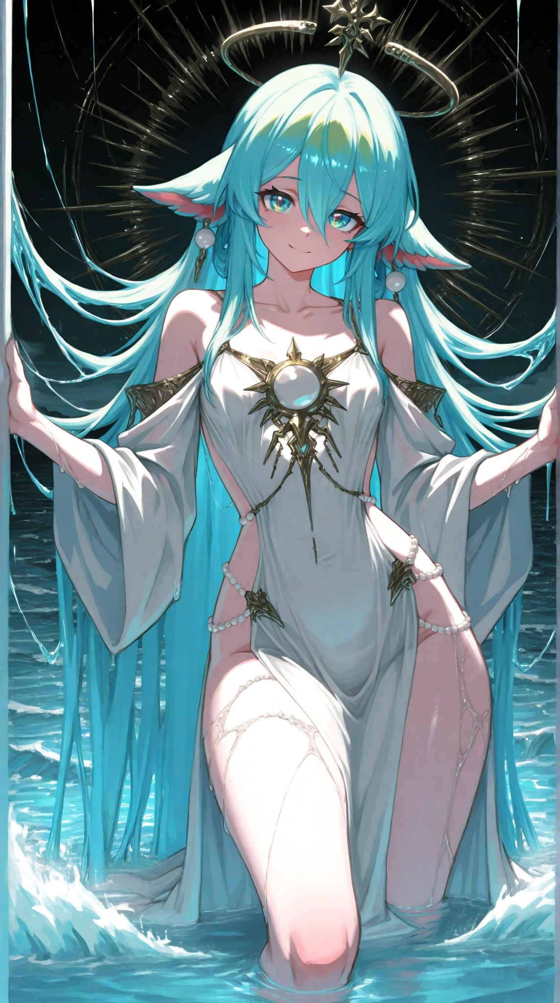 Naked, tits and lower body exposed, long hair, smiling face, blue hair, blue eyes, yellow hair ornament, magic wand in hand, full body shot, forest at night