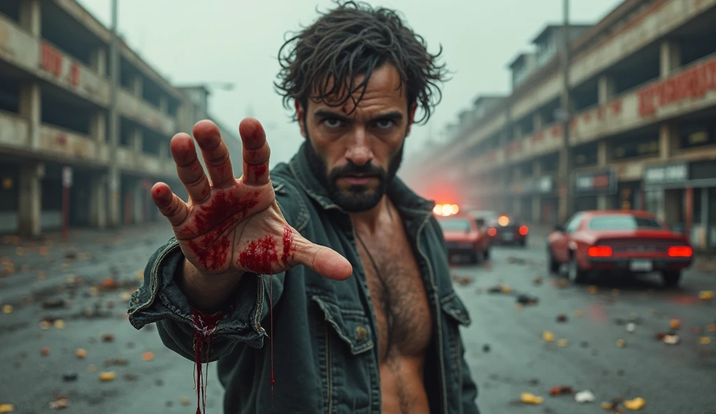 Zombie, male, middle-aged, decay, dirty photo, very tattered clothes, looking at smartphone screen, touching smartphone, dirty skin, dirty hands, taking a selfie, full body visible, smiling, jumping, green skin, rotten face, tattered and dirty clothes, peeling skin, lots of blood, injury, axe, rotten skin, red eyes, dirty unkempt hair, less exposed skin, Starbucks