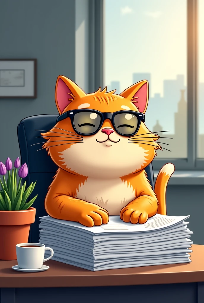  Image cartoon. Un gros chat roux à lunettes allongé sur le bureau dans une grosse entreprise sur une énorme pile de papier. Il est endormi et très souriant. Il est habillé en costume d'employé de bureau et porte un stylo plume dans la patte. Devant lui se trouve un écran d'ordinateur et un mug de café. Il profite du soleil matinal pour sa sieste. 