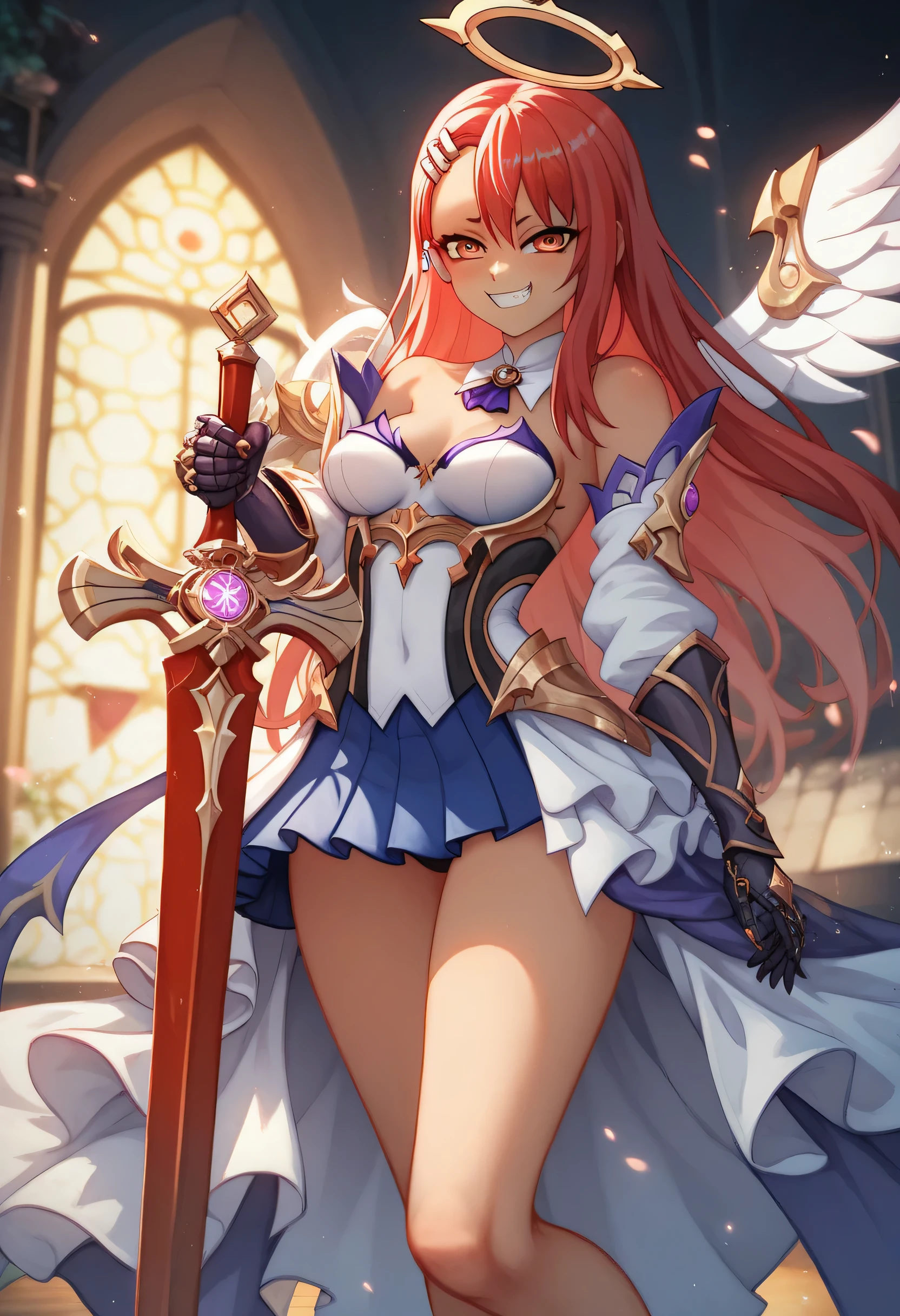 (Masterpiece, Best Quality, High Quality), upper body, facing viewer,volumetric lighting, illustration, beautiful, perfect lighting, perfect shadows,Nishikino maki , cowboy shot, breasts, gloves, holding, bare shoulders, jewelry, earrings, wings, alternate costume, elbow gloves, white gloves, armor, tiara, staff, holding staff,  solo, (standing:0.8), purple eyes ,red hair ,in mountains,under moonlight 